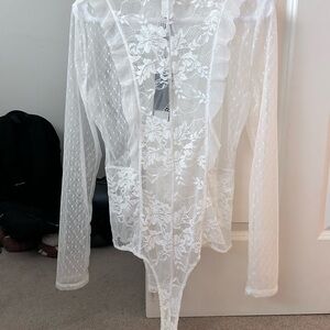 BCBGMaxAzria Sheer White Lace Bodysuit